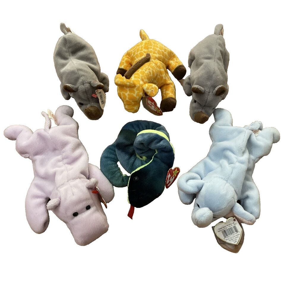 TY Lot Of 6 1990s Retired Wild Life Animal Beanie Babies Happy Spike Peanut